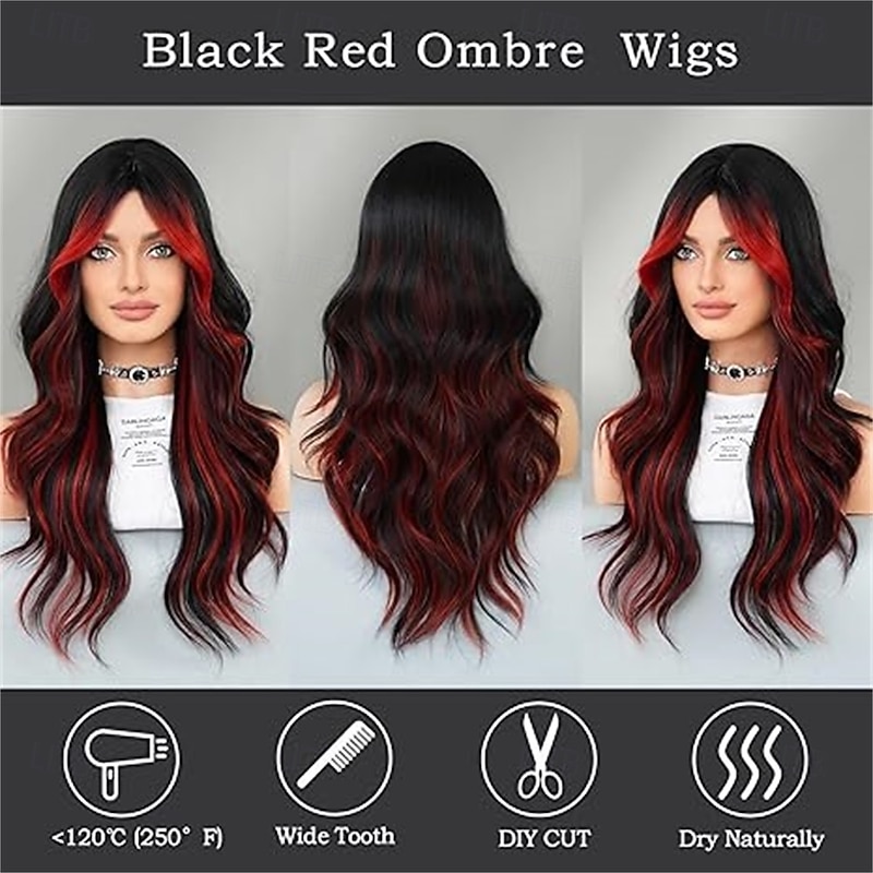 Black Red Highlight Long Wavy Wig with Curtain Bang 26 Inch Red Black Ombre Synthetic Heat Resistant with Dark Root Wig for Women  Halloween Cosplay Party Wigs3