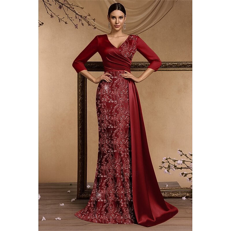 Burgundy Floral Sequin Embroidered Lace Mermaid / Trumpet Evening Gown Elegant Dress Formal Wedding Sweep / Brush Train 3/4 Length Sleeve V Neck Satin with Pleats