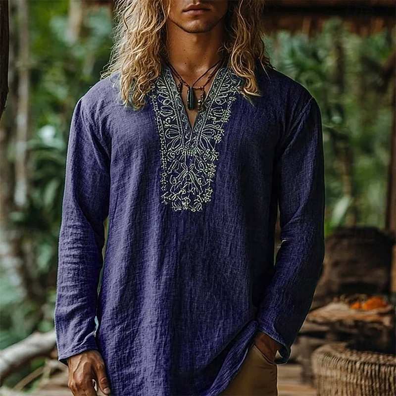 Men's Shirt Linen Shirt Popover Shirt Summer Shirt Beach Wear Geometric Vacation Street Wine Navy Blue Blue Long Sleeve V Neck Summer Spring Clothing Apparel4