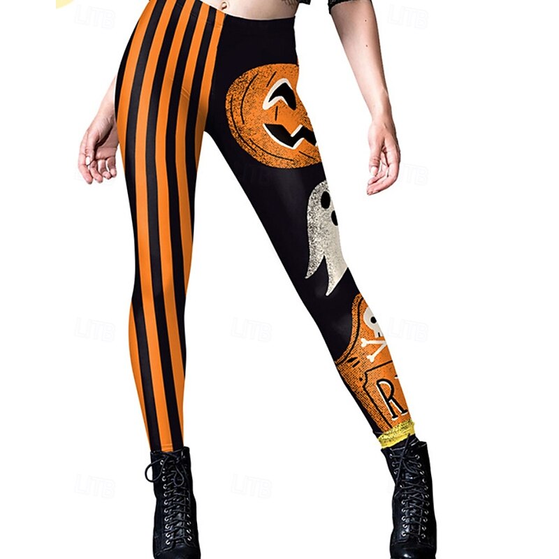 Women's Slacks Leggings Streetwear Casual Full Length NaturalPantsHalloween Striped Elastic Waist Comfortable Street Holiday Weekend Orange red Black Light Orange Fall Regular Fit3