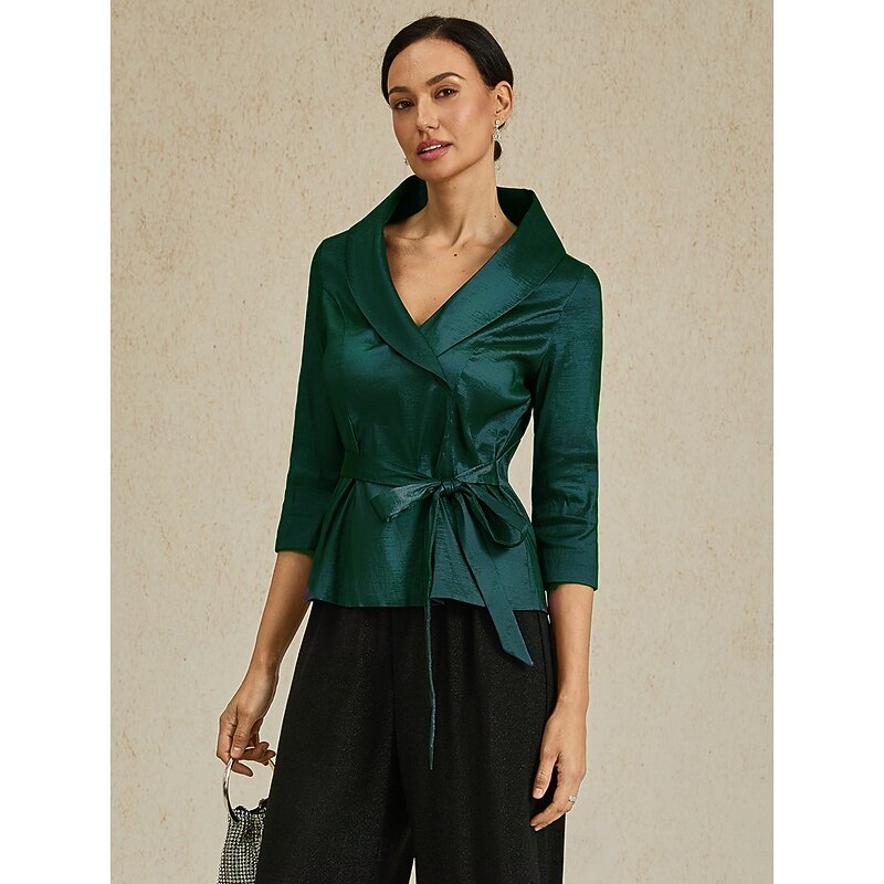 Women's Blouse Evening Tops Elegant Metallic Stylish 3/4 Length Sleeve V Neck Regular Tops Wedding Guest Evening Party Semi Formal Tie Front Emerald Green Spring, Fall, Winter, Summer4