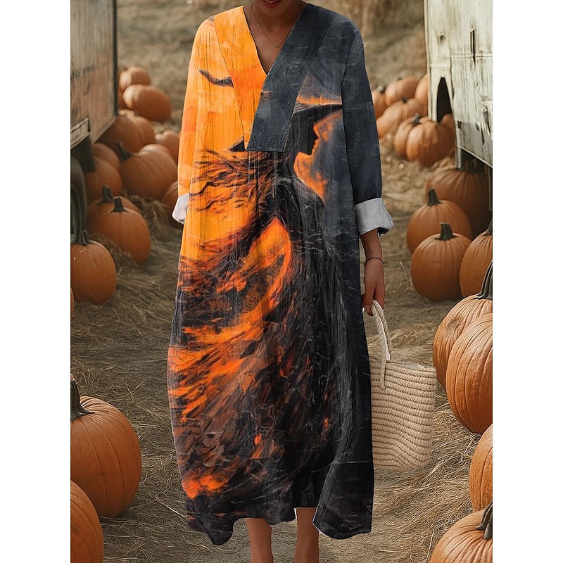 Halloween Women's Witch Print Midi Dress V Neck Long Sleeve Kaftan Lightweight Loose Fit A Line Dress Casual Boho Going out Graphic Long Sleeve V Neck Blue Orange Green Fall