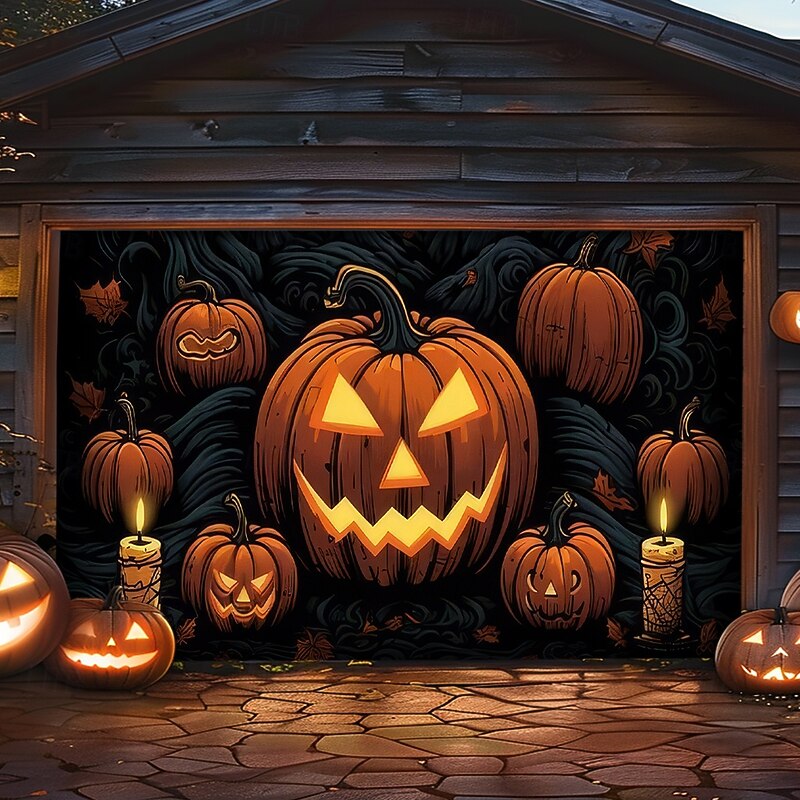 Halloween Outdoor Garage Door Cover Jack O Lantern Skeletons Banner Large Tapestry Backdrop Decoration for Holiday Outdoor Garage Door Home Wall Decorations2