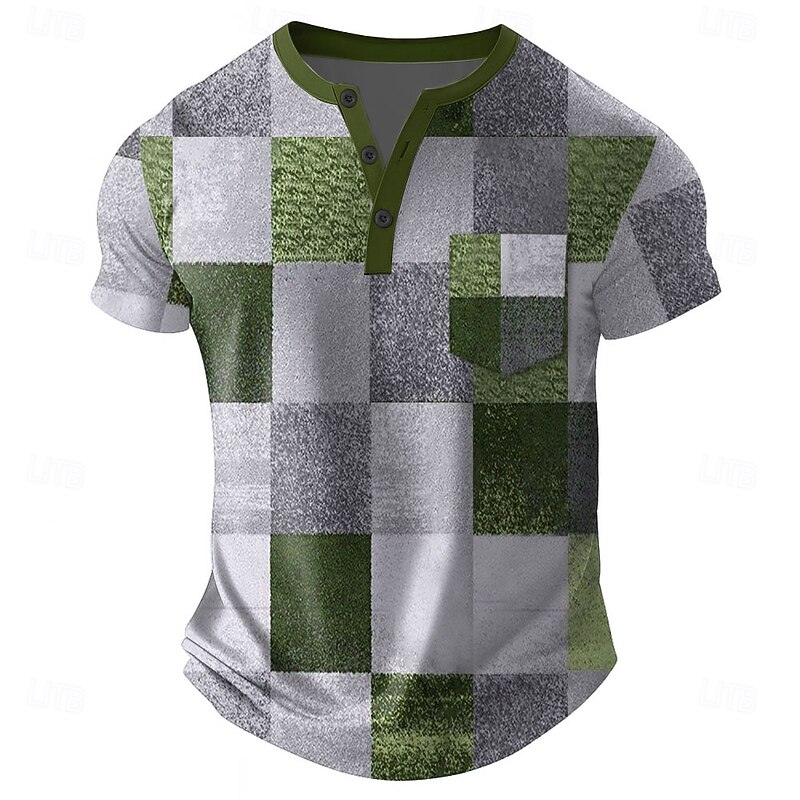 Men's Patchwork T Shirt Henley Shirt Short Sleeve T shirt 3D Print Henley Shirt Designer Retro Vintage Street Casual Daily Blue Brown Green Summer Spring All Seasons Clothing Apparel S M L XL 2XL 3XL2