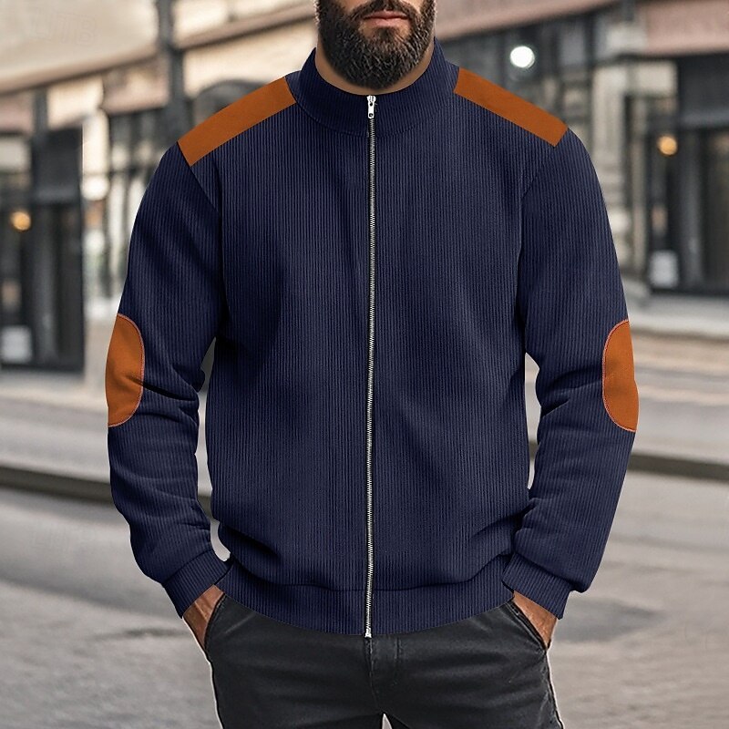 Men's Sweatshirt Corduroy Full Zip Sweatshirt Apricot Black White Navy Blue Coffee Standing Collar Plain Patchwork Color Block Sports & Outdoor Casual Daily Streetwear Cool Sportswear Spring &  Fall4