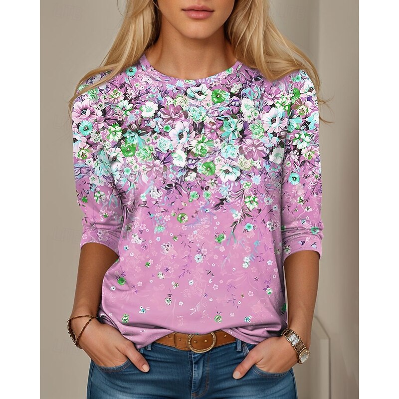 Easter Women's T shirt Crew Neck Long Sleeve Tunic Floral Graphic Plants Vintage Stylish Classic  Regular Tops Daily Print Pink Blue Purple Orange Green Fall4