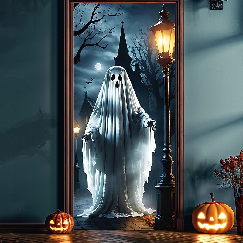 Halloween Door Covers Ghost Door Tapestry Door Curtain Decoration Backdrop Door Banner for Front Door Farmhouse Holiday Party Indoor Outdoor Decor Supplies