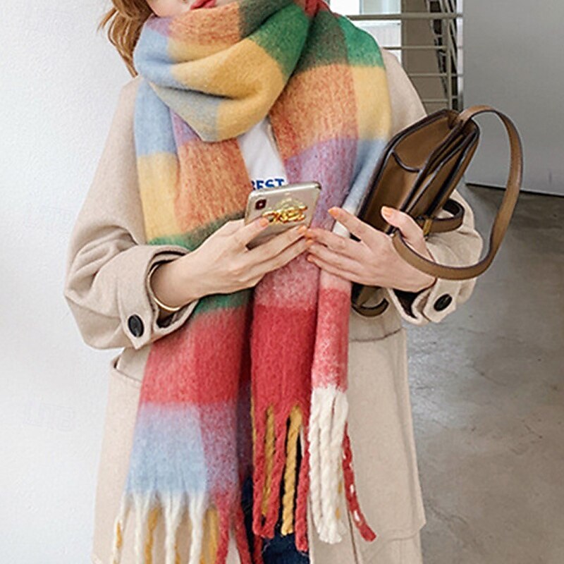 Women's Rectangle Scarf Women's Shawls & Wraps Street Daily Date Wine Blue Orange Scarf Plaid2