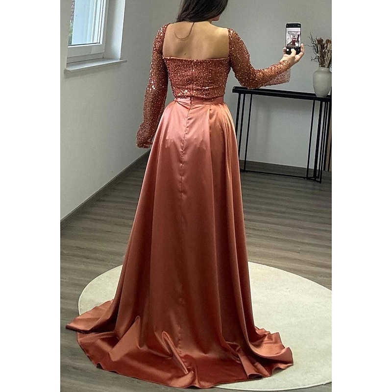 Black Tie Rust Gown Glitter Mermaid / Trumpet with Detachable Overskirt Evening Gown Elegant Dress Formal Wedding Floor Length Long Sleeve Sequin Lace Satin with Pleats Ruched Details4