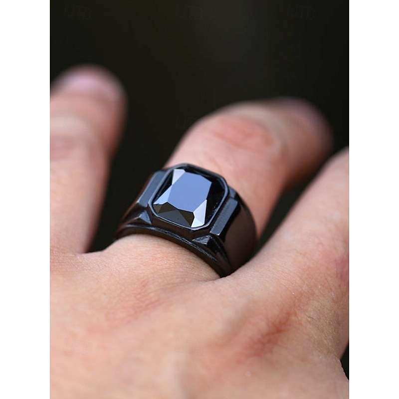Men's Black Alloy Ring with Square Black Gemstone – Fashionable Statement Ring for Casual and Evening Wear3