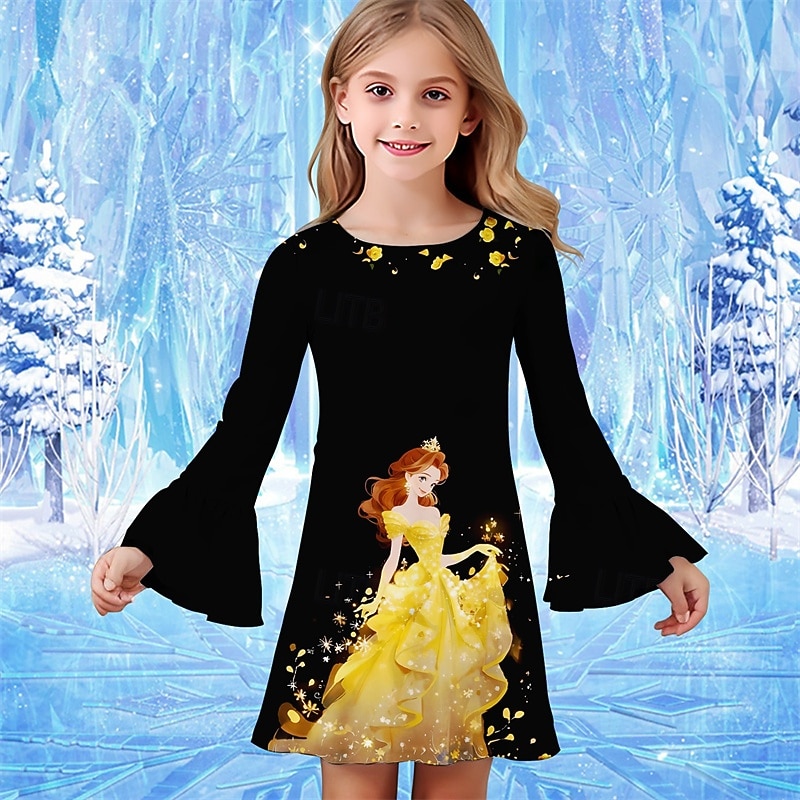 Girls' 3D Cartoon Dress Ruffle Dress Long Sleeve Summer Spring Vacation Daily Holiday Beautiful Sweet Kids 4-12 Years Casual Dress Knee-length Regular Fit