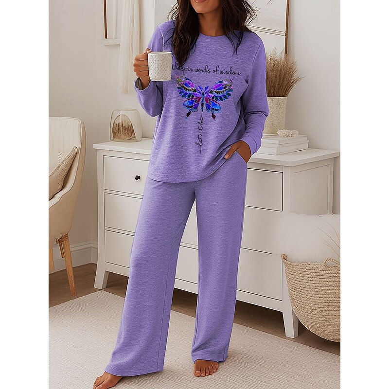 Women's Fashion T Shirt Pants Sets Long Sleeve Crew Neck Round Neck Graphic Butterfly Letter Print Casual Daily Pink Blue Purple Spring Regular Fit4