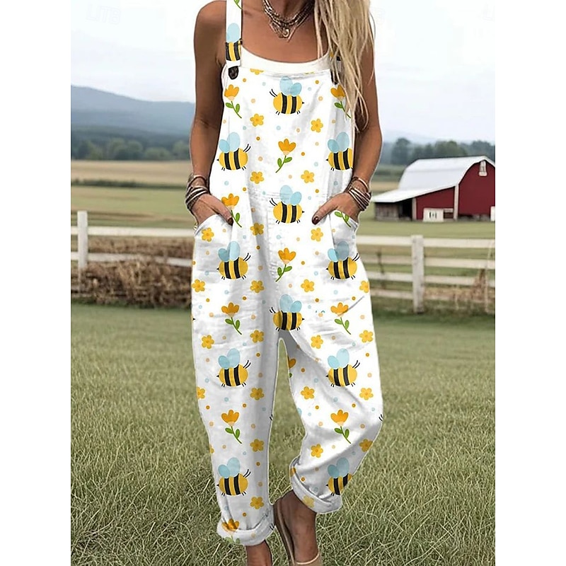 Women's Dungarees Active Graphic Sleeveless Vacation Street Loose Fit White Yellow Army Green Summer3