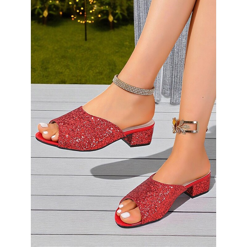 Women's Rose Gold Glitter Open Toe Mules with Ankle Strap - Elegant Block Heel Sandals for Nightlife Parties and Evening Events
