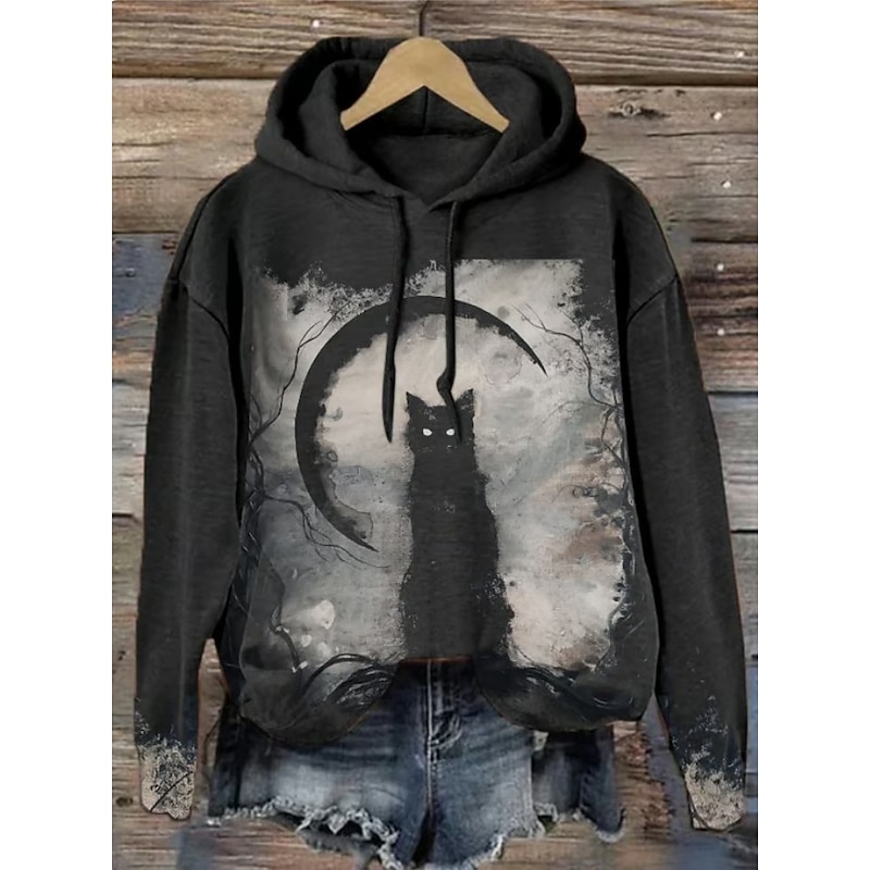 Halloween Women's Hoodie Pullover Sweatshirt Oversized Long Sleeve Casual Black Cat Graphic Cat Fashion Print Hooded Street Dailywear Drawstring Print Black Orange Dark Blue Gray Fall Winter
