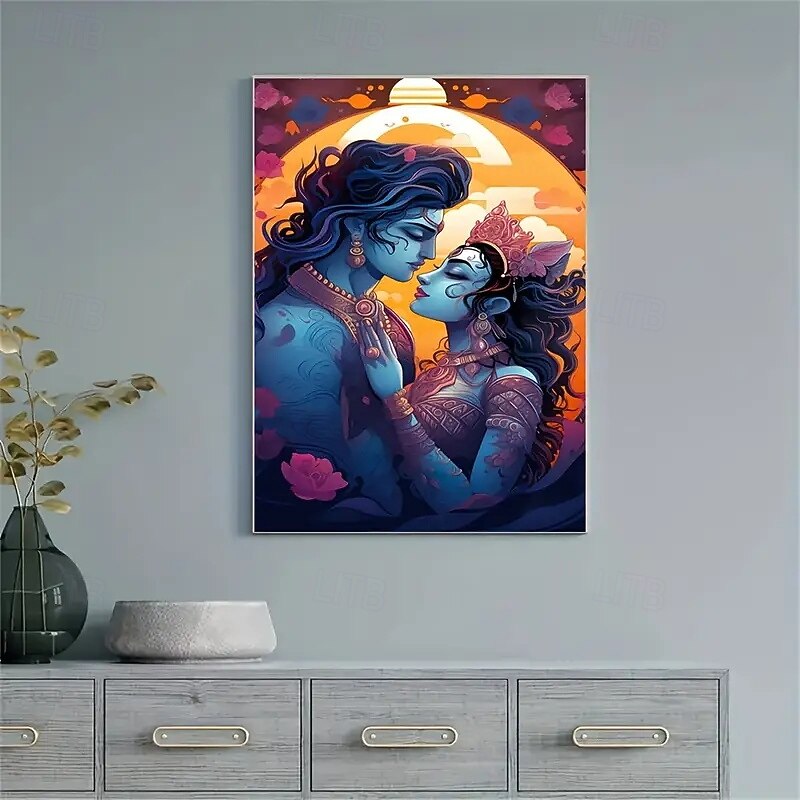 1 Piece Of Frameless Modern Hindu God Canvas Art - Vibrant Wall Decoration Of Krishna And Rada Love Story Suitable For Living Rooms Bedrooms Dining Rooms Rich Blue And Purple Tones Indian Home De4