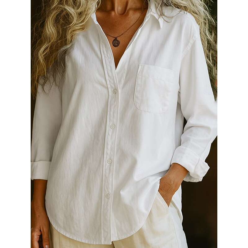 Women's 100% Cotton Shirt Solid Color Bohemia Vintage Daily Long Sleeve Shirt Collar Regular Tops Daily Holiday Pocket White Pink Red Blue Purple Spring, Fall, Winter,2