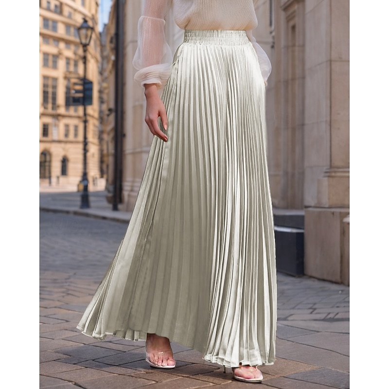 Women's Skirt Long Skirt Fashion Long Maxi High Waist Skirts Solid Colored Ruched Pleated Shimmery Micro-elastic Daily Holiday Apple Green Apricot Wine Red Pink purple Spring, Fall, Winter, Summer4