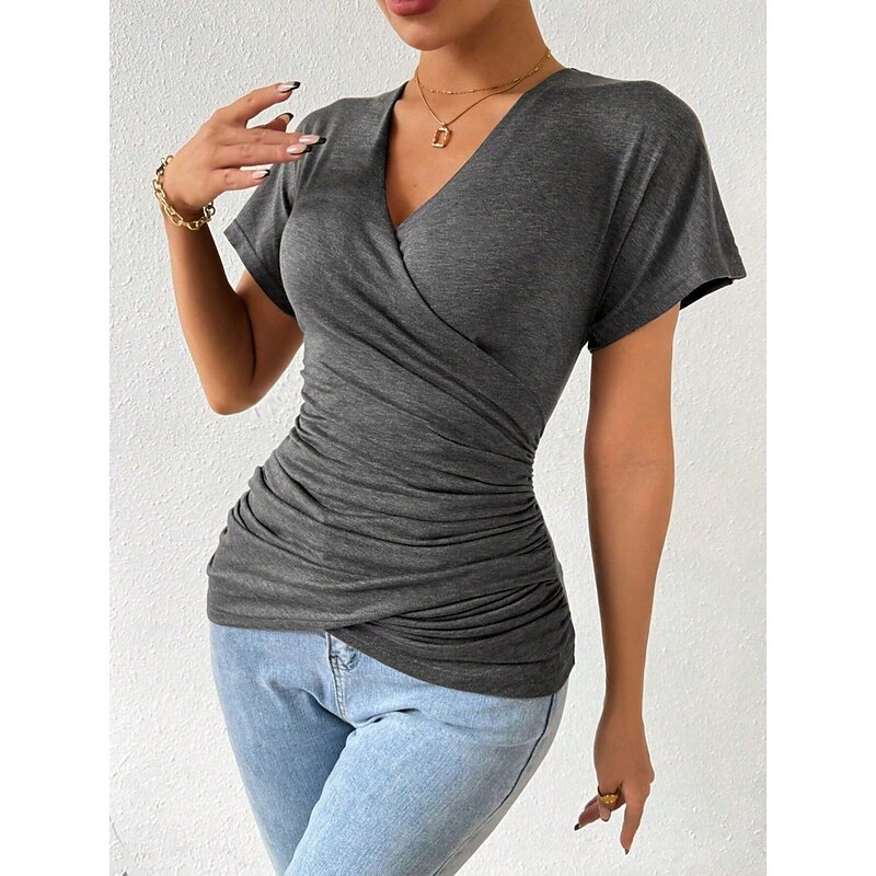 Women's Summer Tops Plain Stylish Modern Short Sleeve V Neck Regular Tops Daily Holiday Ruched Blue Gray Summer2
