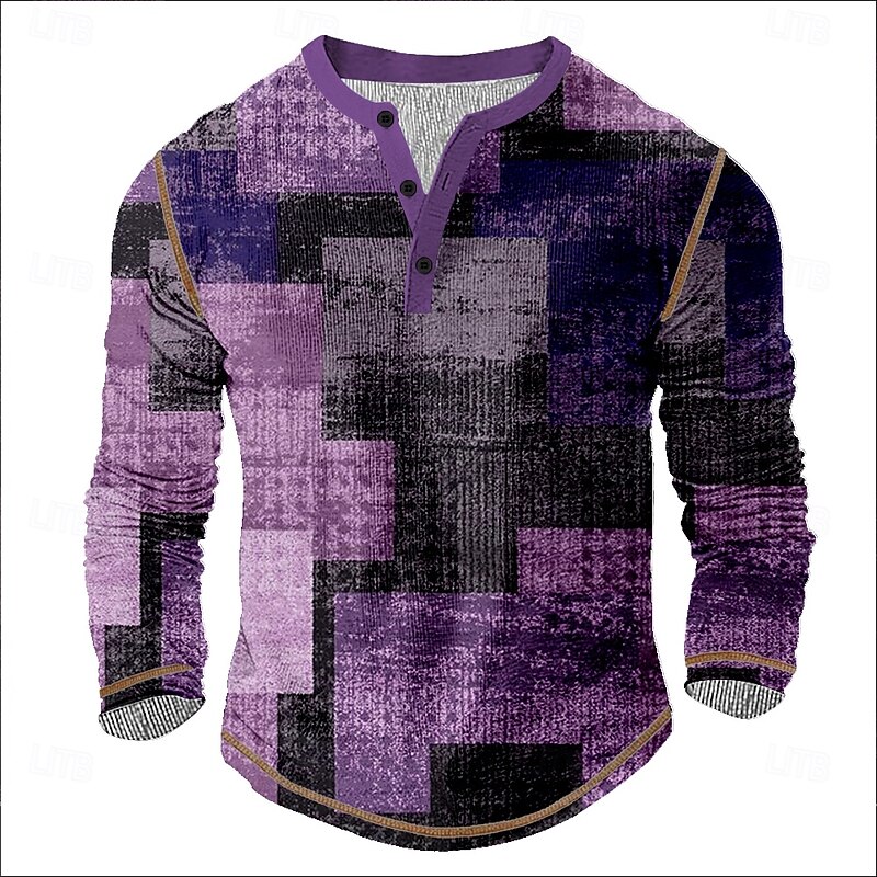 Men's Graphic Geometric Henley Shirt Tee Long Sleeve Vintage Fashion Designer Outdoor Casual Daily Spring &  Fall All Seasons Dark Brown Purple Dark Blue Henley Henley T-Shirt3