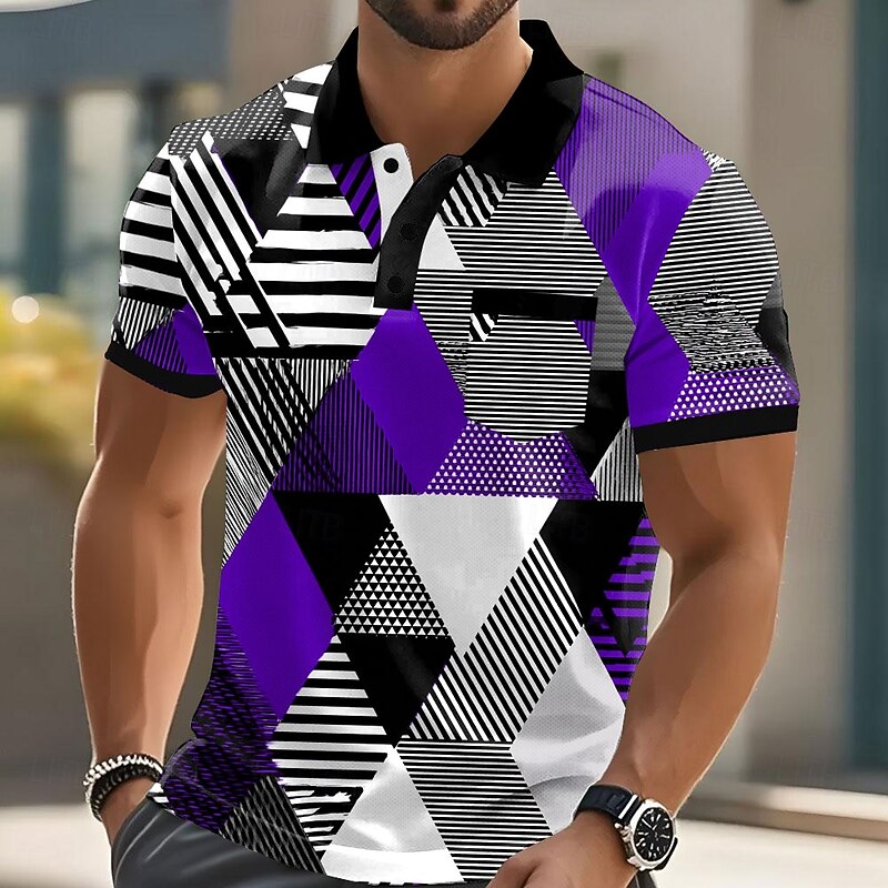 Men's Geometric Pattern Polo Short Sleeve Polo Shirts Collared Shirts Casual Outdoor Athleisure Daily Wear Pocket 3D Print Buttons Summer Red Blue Purple4