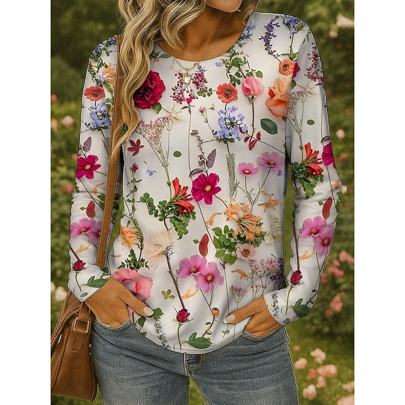 Women's T shirt Long Sleeve Crew Neck Long Sleeve Tunic Floral Graphic Plants Vintage Stylish Classic Round Neck Regular Tops Daily Print Yellow Red Blue Purple Green Fall Prefall