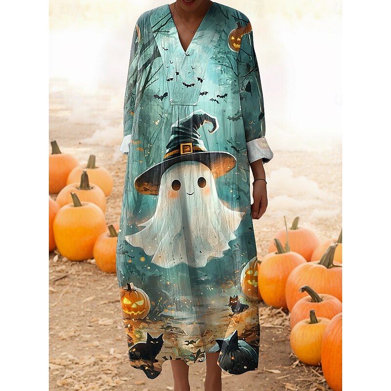 Halloween Women's Witch Print Midi Dress V Neck Long Sleeve Kaftan Lightweight Loose Fit A Line Dress Casual Going out Graphic Long Sleeve V Neck Yellow Orange Green Rainbow Fall4