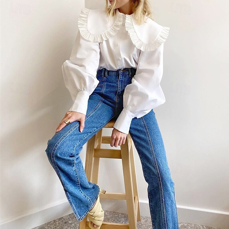 Women's Shirt Plain Daily Stylish Basic Long Sleeve Bishop Sleeve Shirt Collar Regular Tops Work Daily Holiday Buttons White Spring Fall4