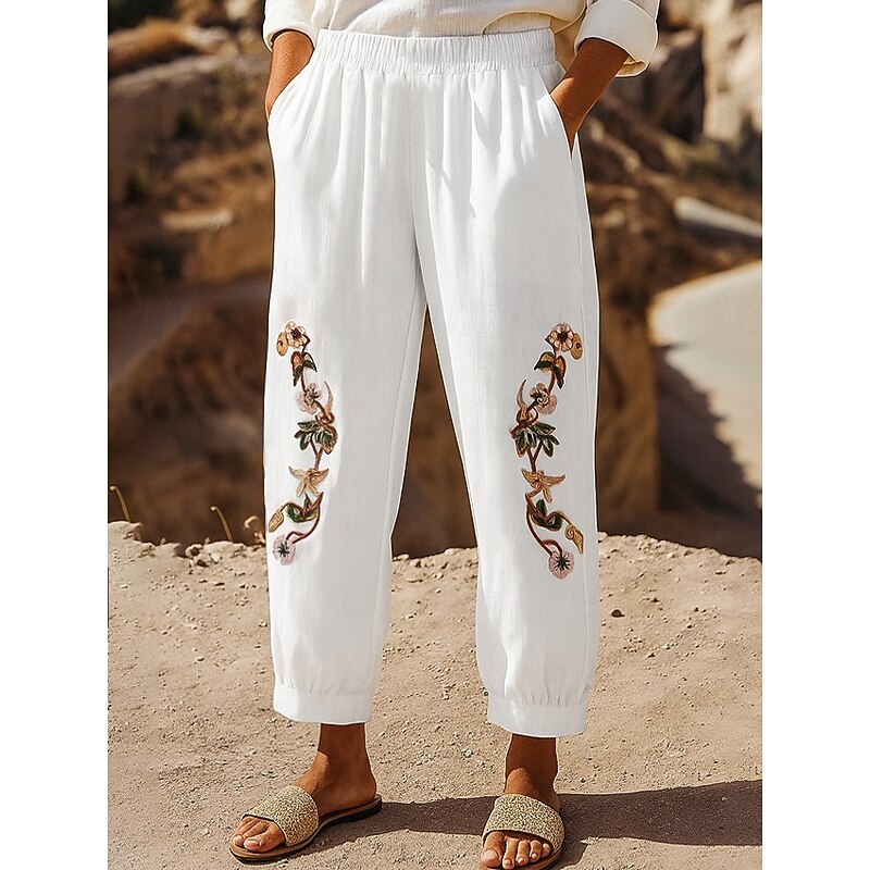 Women's Cotton Linen Pants Chinos Fashion Basic Ethnic Full Length Medium Waist Floral Embroidered Pocket Drawstring Comfort Outdoor Stretchy Vacation Street Causal Black White Coffee Summer Spring
