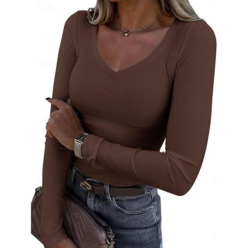 Women's Blouse Solid Color Stylish Basic Casual Long Sleeve V Neck Regular Tops Daily Black White Red Blue Fuchsia Summer Spring3