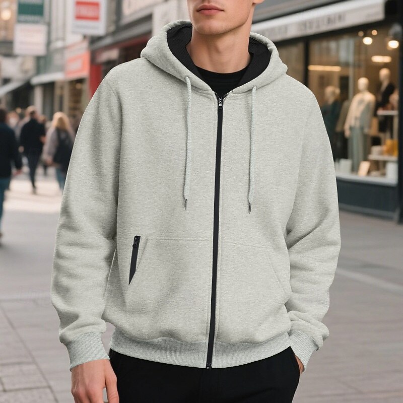 Men's Hoodie Full Zip Hoodie Fleece Hoodie Apricot Black Army Green Navy Blue Light Grey Hooded Plain Pocket Sports & Outdoor Daily Holiday Polyester Streetwear Basic Casual Fall Winter Clothing4