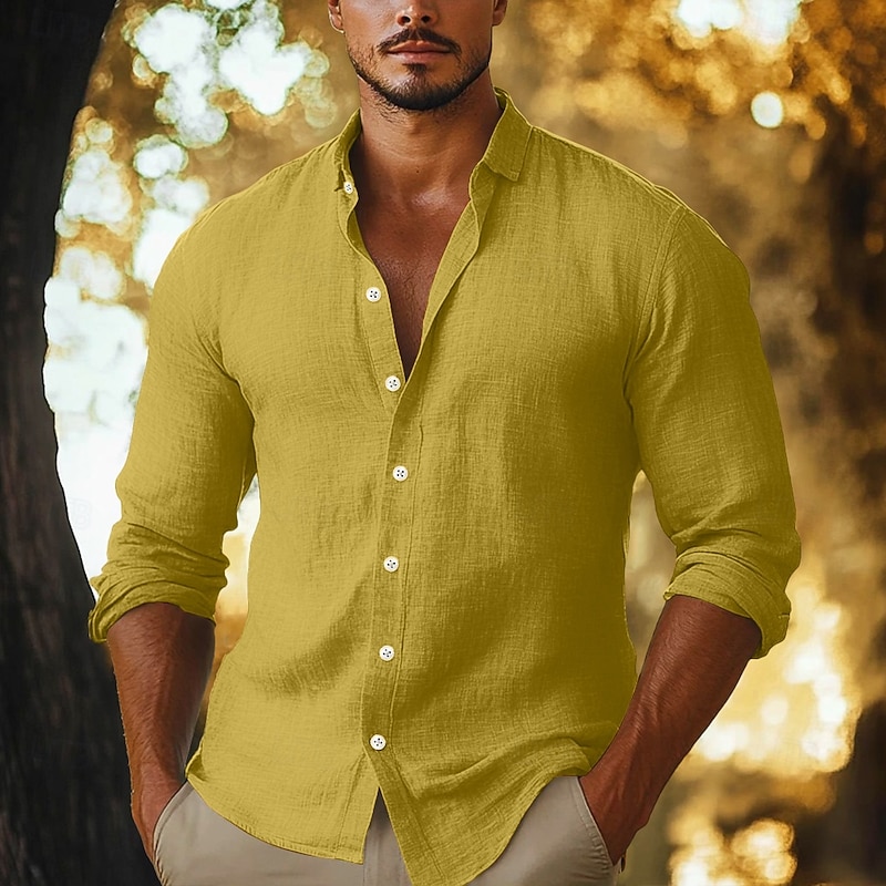 Men's Shirt Linen Shirt Button Up Shirt Plain Vacation Casual Black Yellow Navy Blue Brown Long Sleeve Lapel Summer Fall Clothing Apparel Buttons2