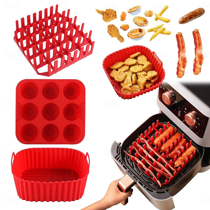 3pcs Reusable Silicone Air Fryer Liners Set Non-Stick Silicone Tray, Bacon Rack & 9-Cavity Mold for Eggs and Cupcakes Multi-Use Air Fryer Accessories2