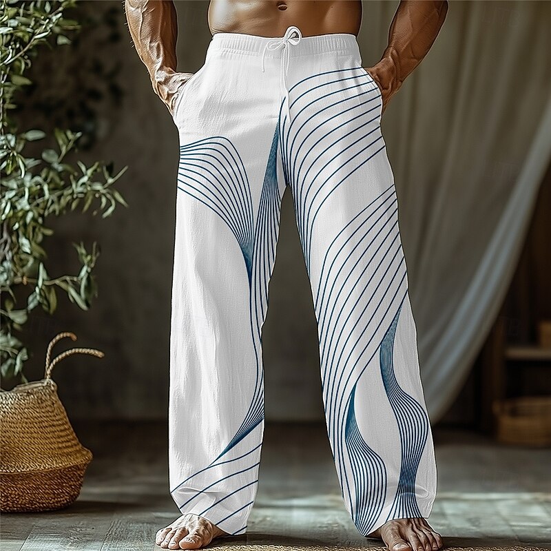 Men's Gradient Lines / Waves Trousers Baggy Pants Casual Pants Mid Waist Classic Style Outdoor Vacation Drawstring Side Pockets Elastic Waist Summer Spring 3D Print Pink Blue Purple
