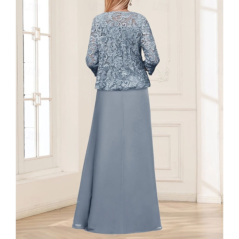 Two Piece A-Line Mother of the Bride Dress Elegant Simple Minimalist Square Neck Floor Length Chiffon Corded Lace Sleeveless 3/4 Length Sleeve with Pleats Ruched Cascading Ruffles2