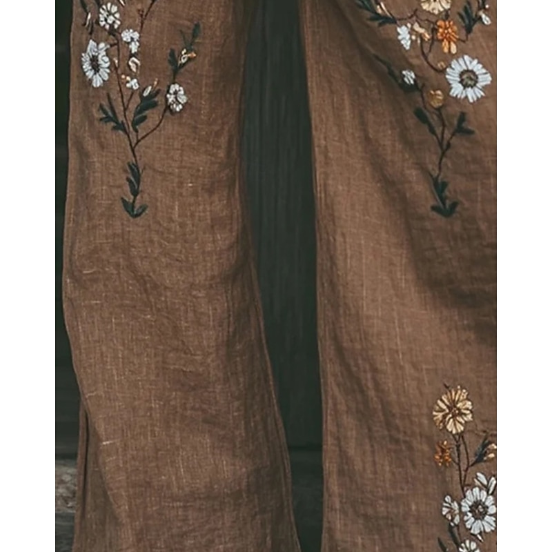 Women's Wide Leg Pants Trousers Palazzo Pants Fashion Streetwear Full Length High Waist Flower Elastic Waist Drawstring Print Breathability Comfortable Street Daily Wear Going out Brown Spring Fall3