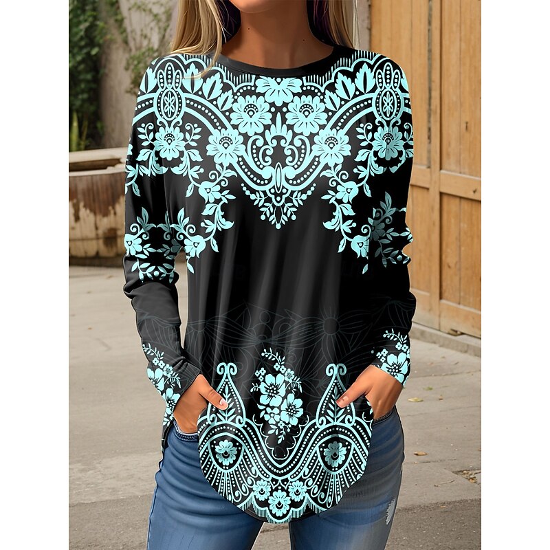 Women's T Shirt Graphic Tribal Vintage Fashion Stylish Long Sleeve Crew Neck Round Neck Regular Tops Weekend Print White Pink Blue Green Spring Fall3
