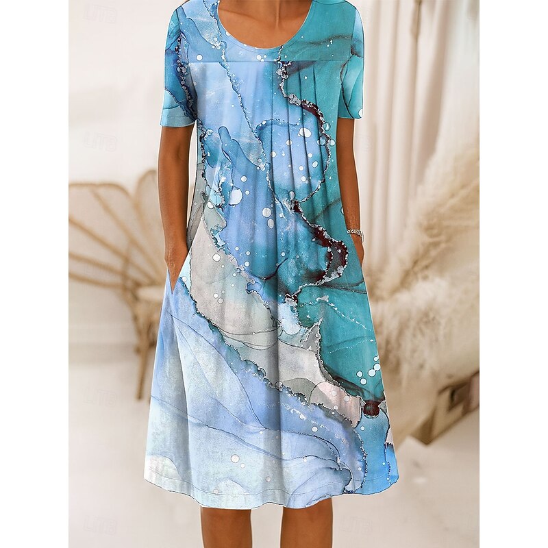 Women's Midi Dress Shift Dress A Line Dress Summer Dress Elegant Vacation Casual Regular Fit Graphic Marble Short Sleeve Crew Neck Pink Blue Green Summer Spring3