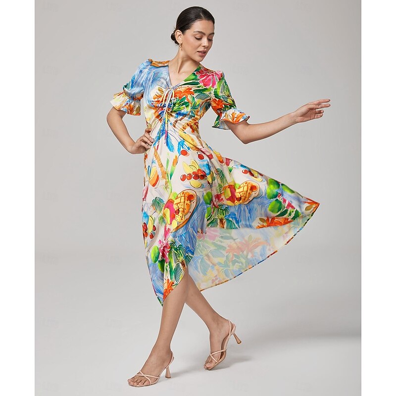 Fruit Floral Cinched Waist Dress