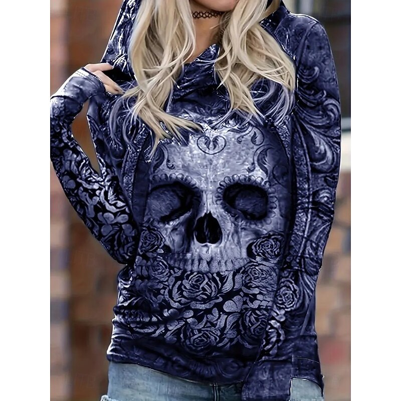 Halloween Women's Pullover Hoodie Sweatshirt Skulls Graphic Warm Vintage Fashion Long Sleeve Hooded Regular Tops Street Dailywear Casual Print Black Blue Summer Fall Winter4