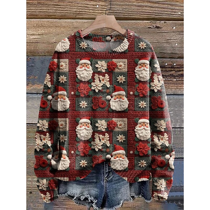 Women's Sweater Casual Soft Tree Ribbed Crew Neck Knitted Print Long Sleeve Regular Tops Knit Outdoor Daily Weekend Light Green Pink Fall Winter2