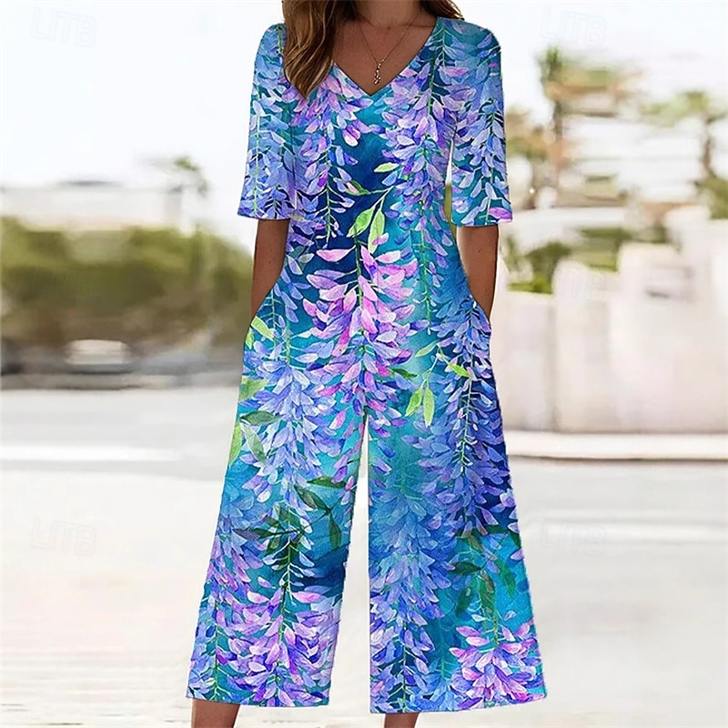 Women's Normal Jumpsuit Streetwear Floral Short Sleeve Wide Leg V Neck Pocket Print Street Daily Regular Fit Blue Summer