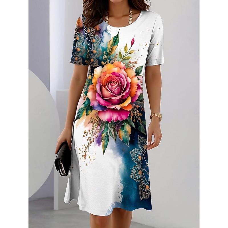 Women's Elegant Party Evening Midi Dress Crew Neck Short Sleeve Shift Dress Summer Dress Casual Daily Regular Fit Floral Graphic Blue Purple Green Summer Spring