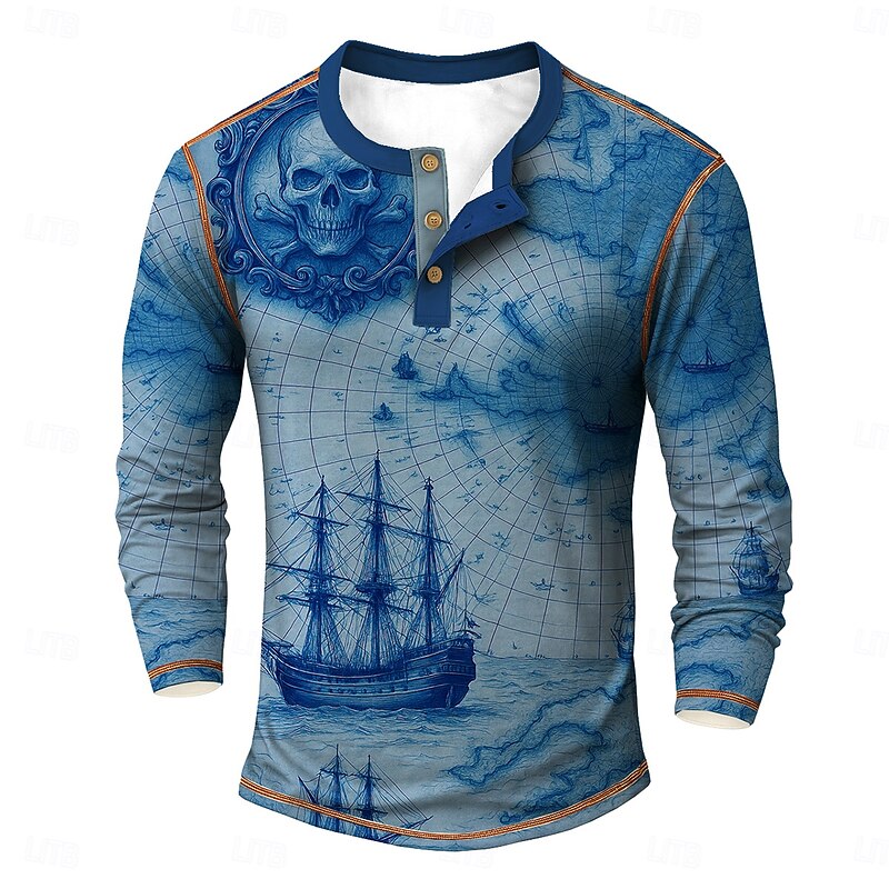 Men's Cool Skulls Sailboat Henley Shirt Tee Long Sleeve Vintage Fashion Designer Outdoor Casual Daily Spring &  Fall Dark Gray Blue Green Khaki Henley Henley T-Shirt3