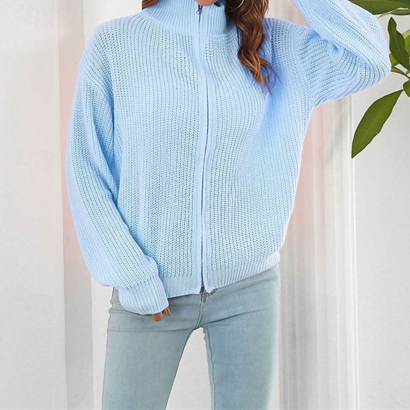 Women's Cardigan Casual Solid Color Chunky Turtleneck Zipper Knitted Long Sleeve Regular Tops Knit Daily Holiday Going out Black Pink Fall Winter2