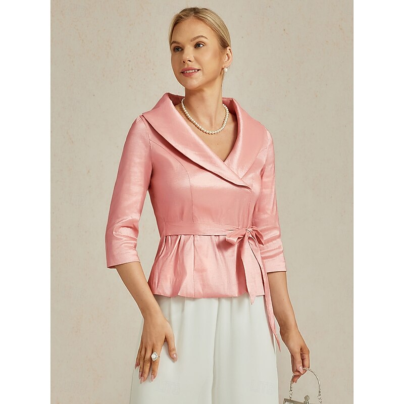 Women's Blouse Evening Tops Elegant Metallic Stylish 3/4 Length Sleeve V Neck Regular Tops Wedding Guest Evening Party Semi Formal Tie Front Sunlit Rose Spring, Fall, Winter, Summer