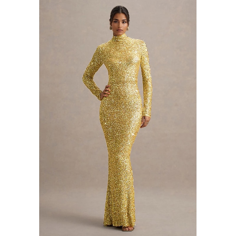 Gold Stretch Sequin Mermaid / Trumpet Evening Gown Elegant Dress Formal Wedding Floor Length Long Sleeve Mock Neck with Glitter4