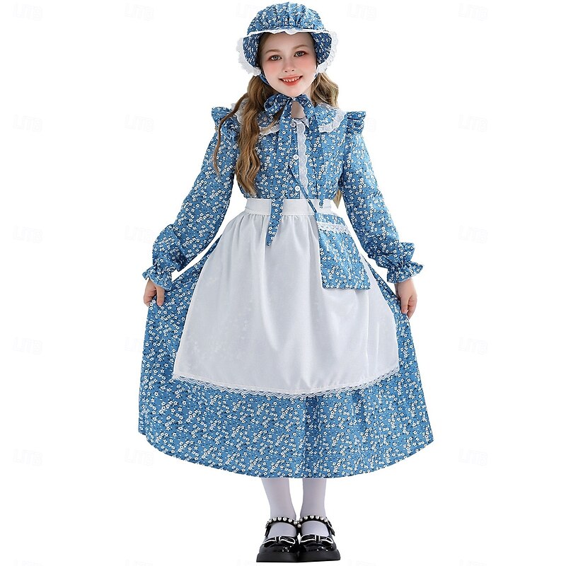 19th Century 1800s Old West Prairie Dress Bonnet and Apron Set Pioneer Fancy Dress Girls' Halloween Carnival World Book Day School Event Dress Up Historical reenactment Kid's Dress Apron Bag