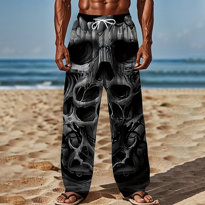 Men's Halloween Costumes Skulls Trousers Baggy Pants Casual Pants Mid Waist Dark Gothic Style Holiday Streetwear Elastic Drawstring Waist Linen-Like Pants with Pockets Summer Spring 3D Print Black 12