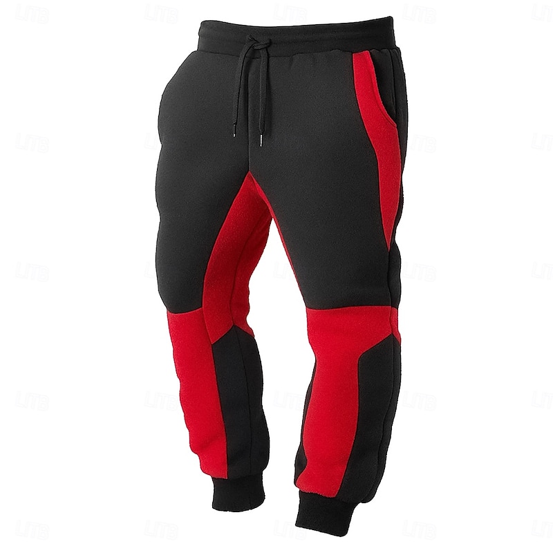 Men's Fleece Pants Sweatpants Joggers Trousers Pocket Elastic Waist Drawstring Color Block Plain Patchwork Comfort Warm Full Length Outdoor Sports Outdoor Casual Vacation Fashion Black Red2